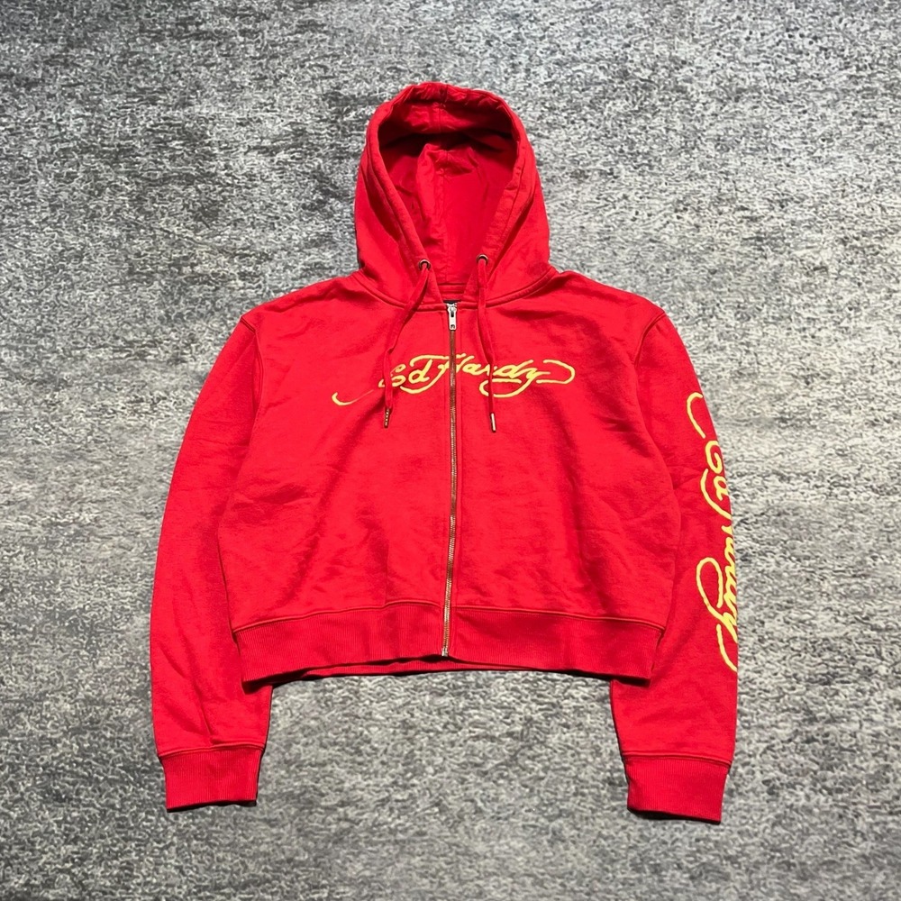 Ed Hardy Crop Zip Up Hoodie Womens XL Red‎ Dragon Y2K Tattoo Grunge Sweatshirt